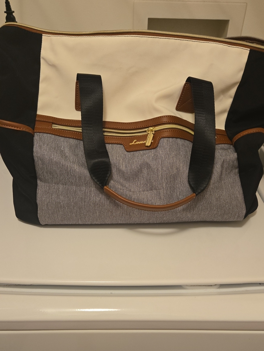 Lovevook Tri-Panel Duffel Bag in Black, White, Gray & Brown Trim